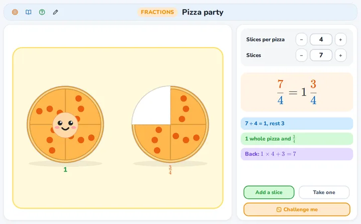 Pizza party: improper fractions and mixed numbers